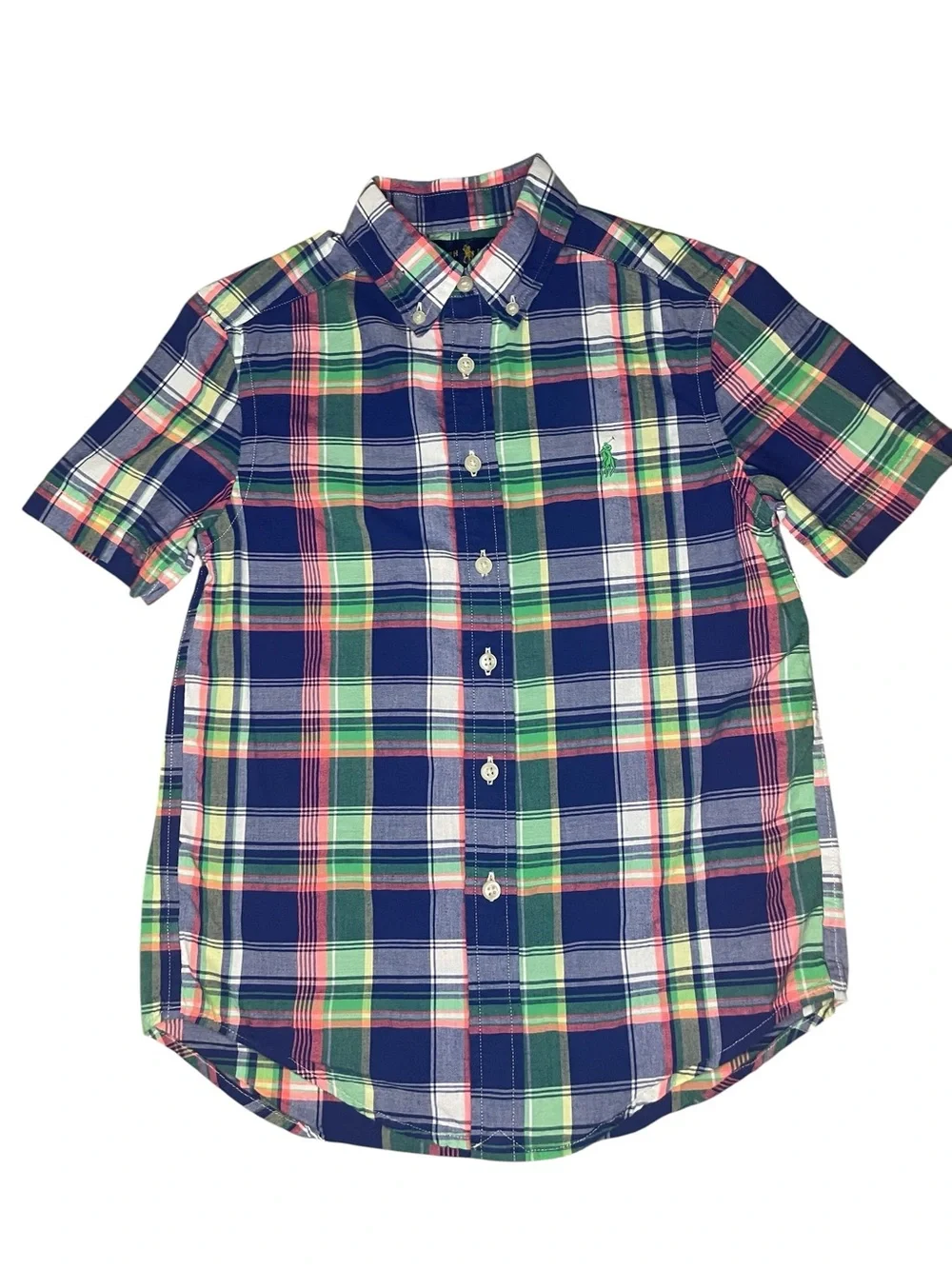 Ralph Lauren Short Sleeve Navy, Green & Pink Plaid Button-Down Shirt-Boys Small